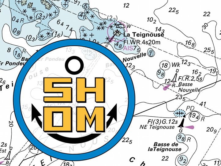 logo du SHOM devant une carte marine